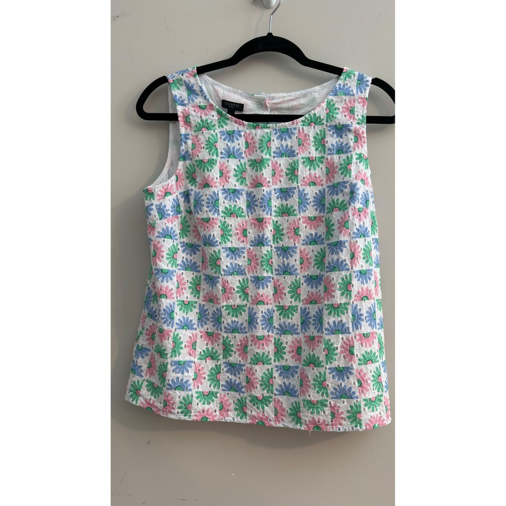 Talbots Eyelet Shell Multi Color Floral Checkered Button‎ Back Size PS - Picture 2 of 9
